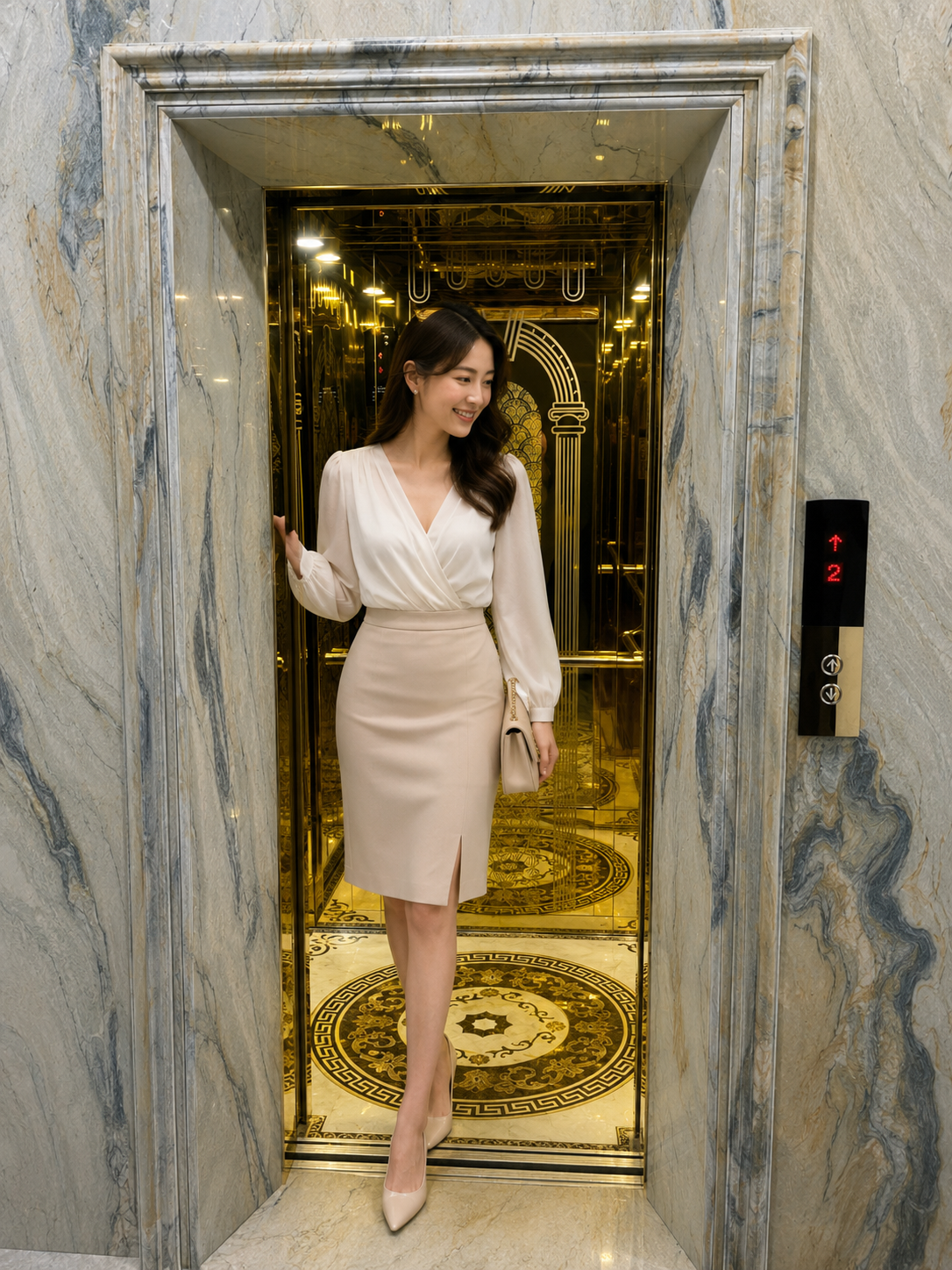 Thang máy nội thất mạ vàng sang trọng với cửa mở trong sảnh đá marble cao cấp